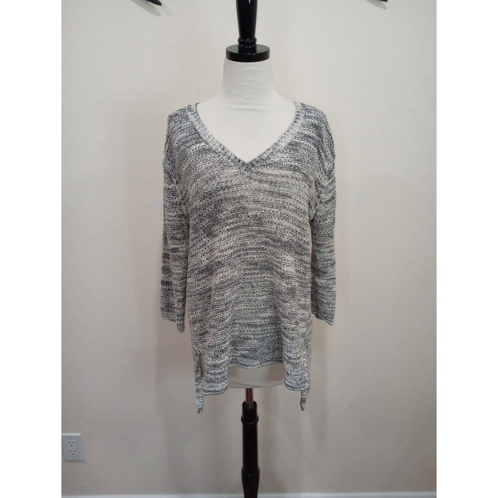 Michael Stars Marled Open Knit Cotton Blend Hi-Lo Hem V Neck Sweater - M/L